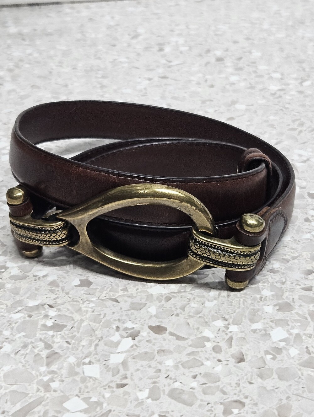 Vintage Brown Leather Womens Belt With Brass Oval Buckle Adjustable